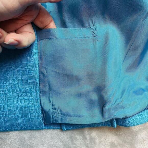 Vintage Gilmor Blazer Jacket Womens 10 Turquoise Rayon Flax Double Breasted - Picture 7 of 10